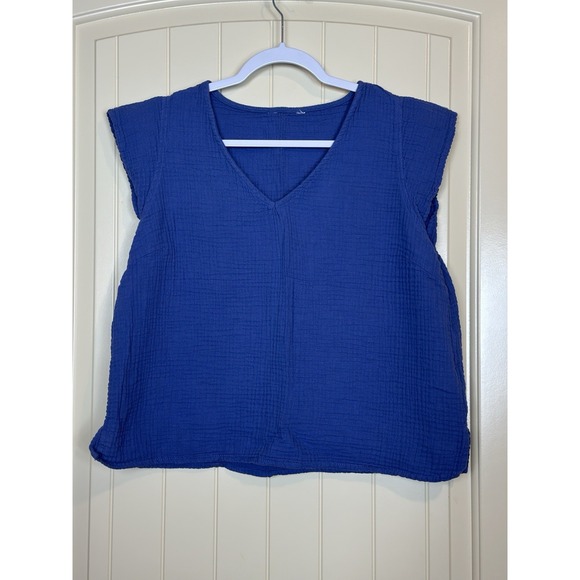 Textured Cottonblue cap short sleeve‎ women's top blouse sz L beachy casual - Picture 1 of 5